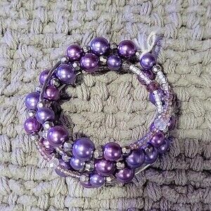 Purple Faux Pearl Wire Cuff Stretchy Bracelet